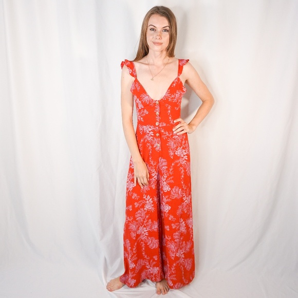 Free People Be The One Jumpsuit Ruffle Red Floral - Picture 6 of 8